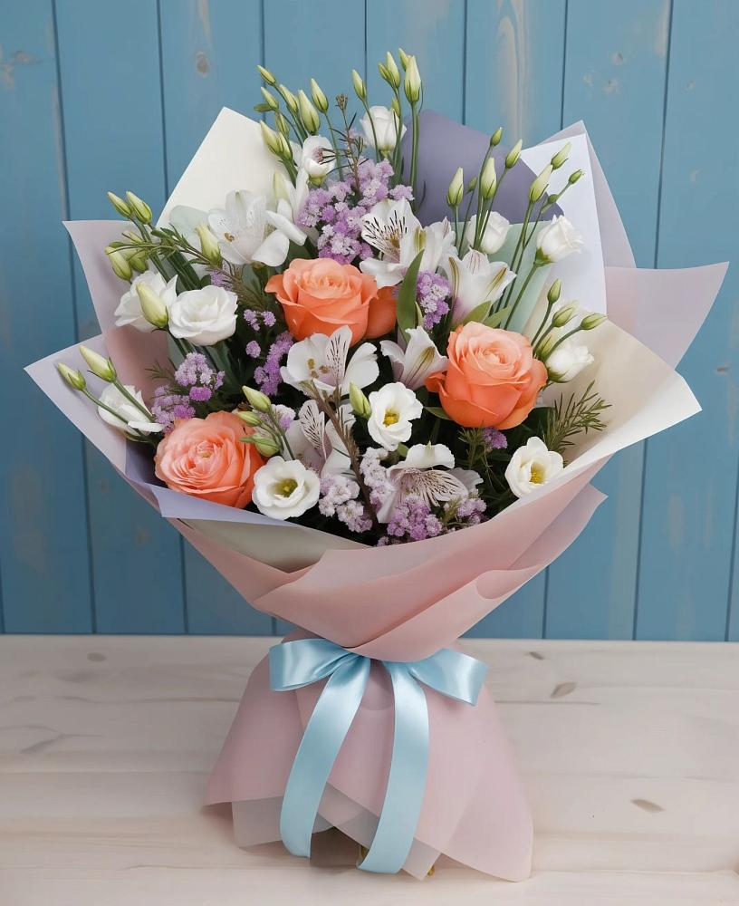 Букет цветов из: Лизиантусы, Розы, Альстромерии и Гипсофила в Хвастовичах